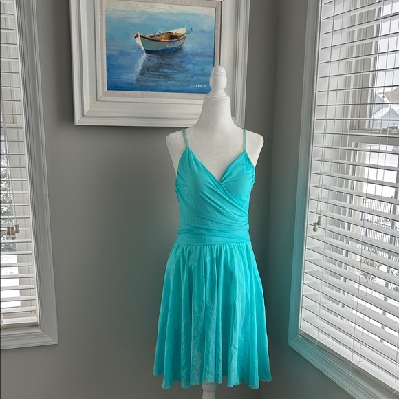 Vintage Dresses & Skirts - Vintage Necessary Objects Turquoise Faux Wrap Mesh Formal Midi Dress